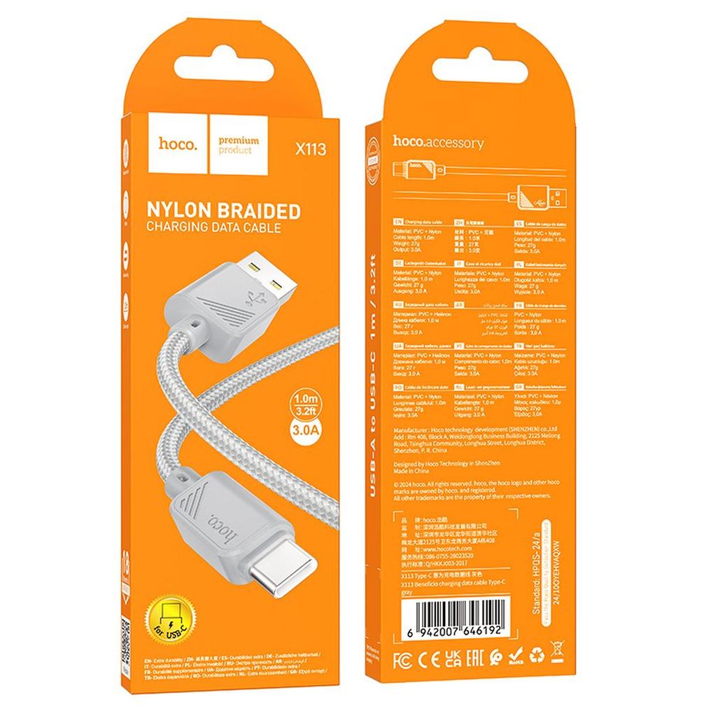 Kabel za prijenos podataka i punjenje USB-A - USB-C HOCO X113, 18W, 1m, Siva