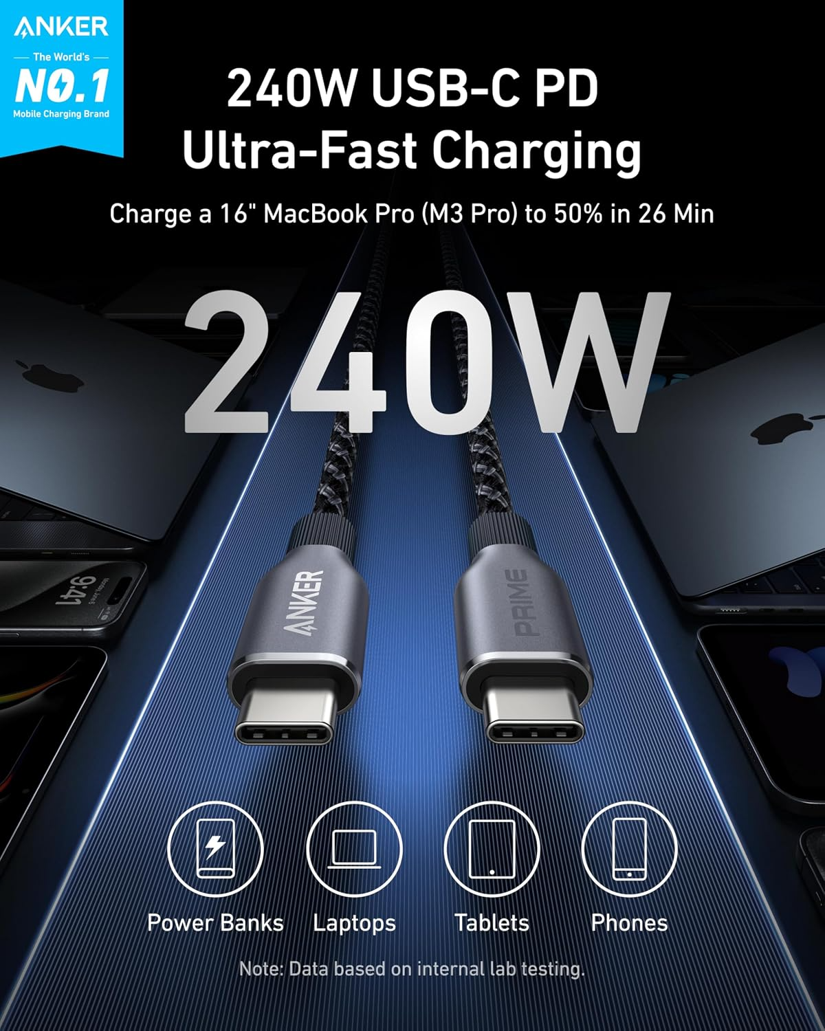Anker Prime USB-C na USB-C kabel za prijenos podataka i punjenje, 240 W, 0,9 m, crni A88E2011