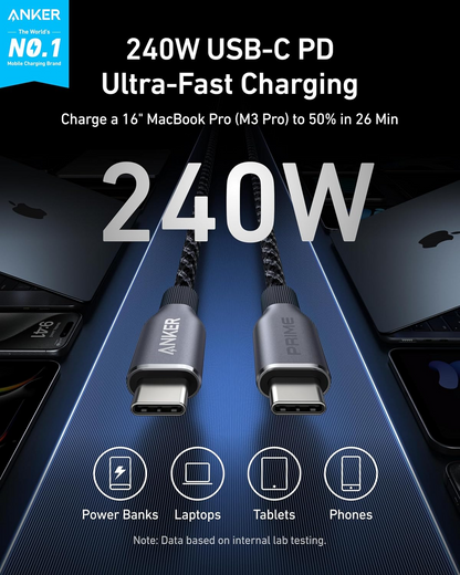 Anker Prime USB-C na USB-C kabel za prijenos podataka i punjenje, 240 W, 0,9 m, crni A88E2011