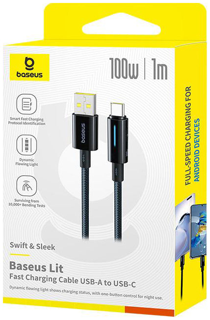 Kabel za podatke i punjenje USB-A - USB-C Baseus Lit Button Control, 100W, 1m, Crni P10379002121-00