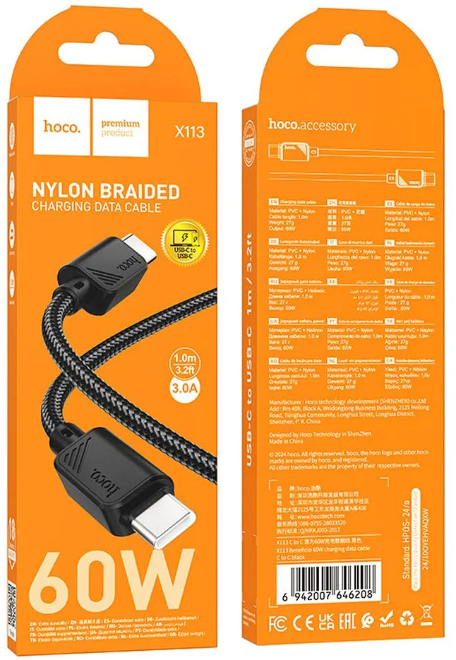 Kabel za podatke i punjenje USB-C - USB-C HOCO X113, 60W, 1m, Crni