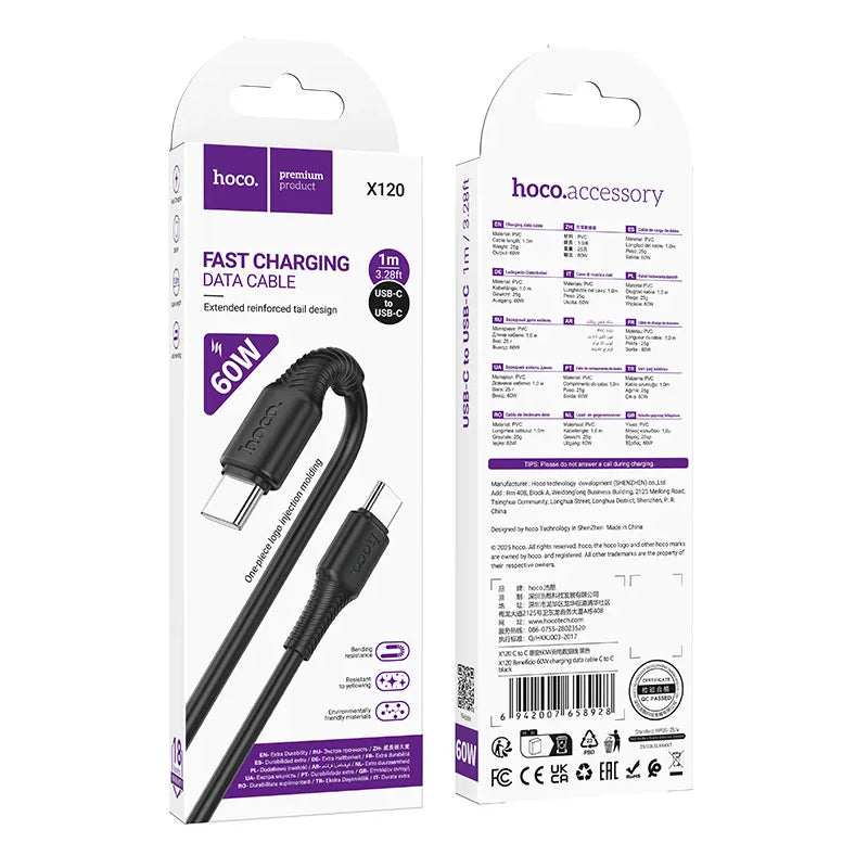 Kabel za prijenos podataka i punjenje USB-C - USB-C HOCO X120, 60W, 1m, Crni