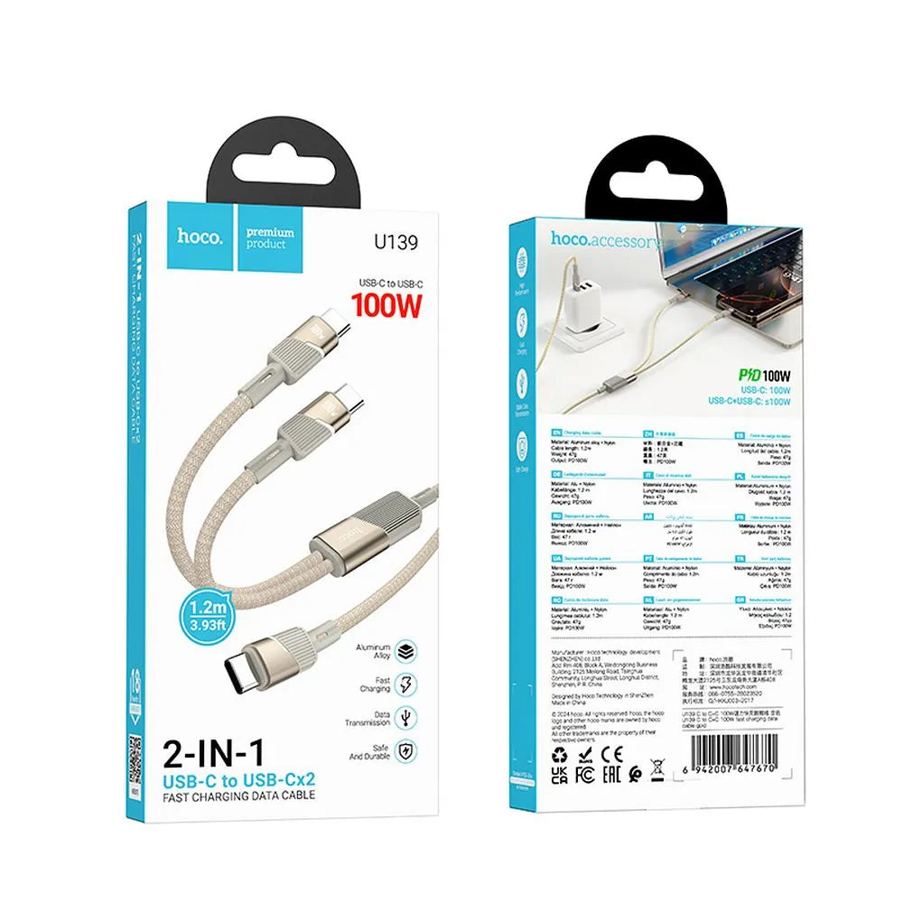 USB-C kabel za podatke i punjenje - 2 x USB-C HOCO U139 2u1, 100W, 1.2m, Zlatni