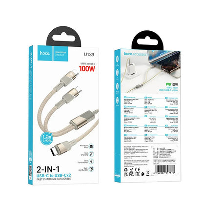 USB-C kabel za podatke i punjenje - 2 x USB-C HOCO U139 2u1, 100W, 1.2m, Zlatni