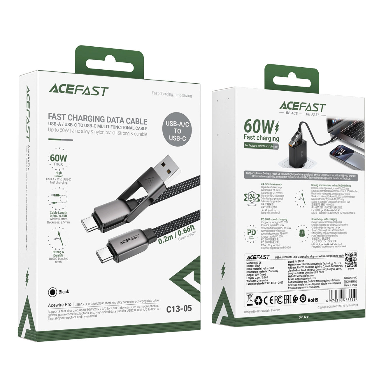 Kabel za podatke i punjenje USB-C - USB-A / USB-C Acefast C13-05, 60W, 0.2m, Crni