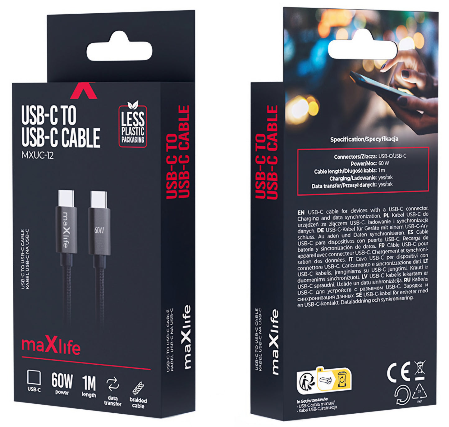 Kabel za podatke i punjenje USB-C - USB-C MaXlife MXUC-12, 60W, 1m, Crni