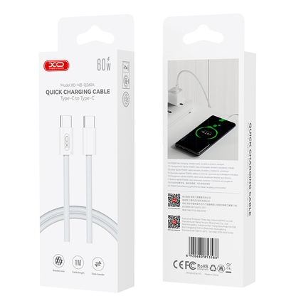 Kabel za podatke i punjenje USB-C - USB-C XO Design NB-Q260A, 60W, 1m, Bijeli