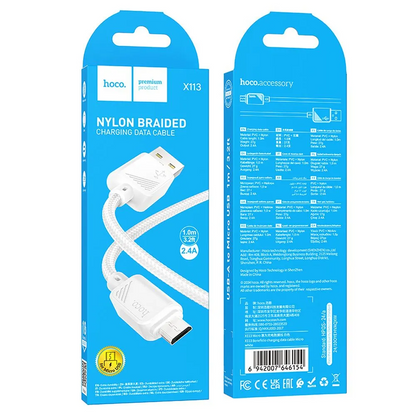 Kabel za prijenos podataka i punjenje USB-A - microUSB HOCO X113, 18W, 1m, Bijeli