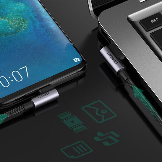 Kabel za Prijenos Podataka i Punjenje USB-A - USB-C UGREEN US255 Angled, 60W, 1m, Sivi