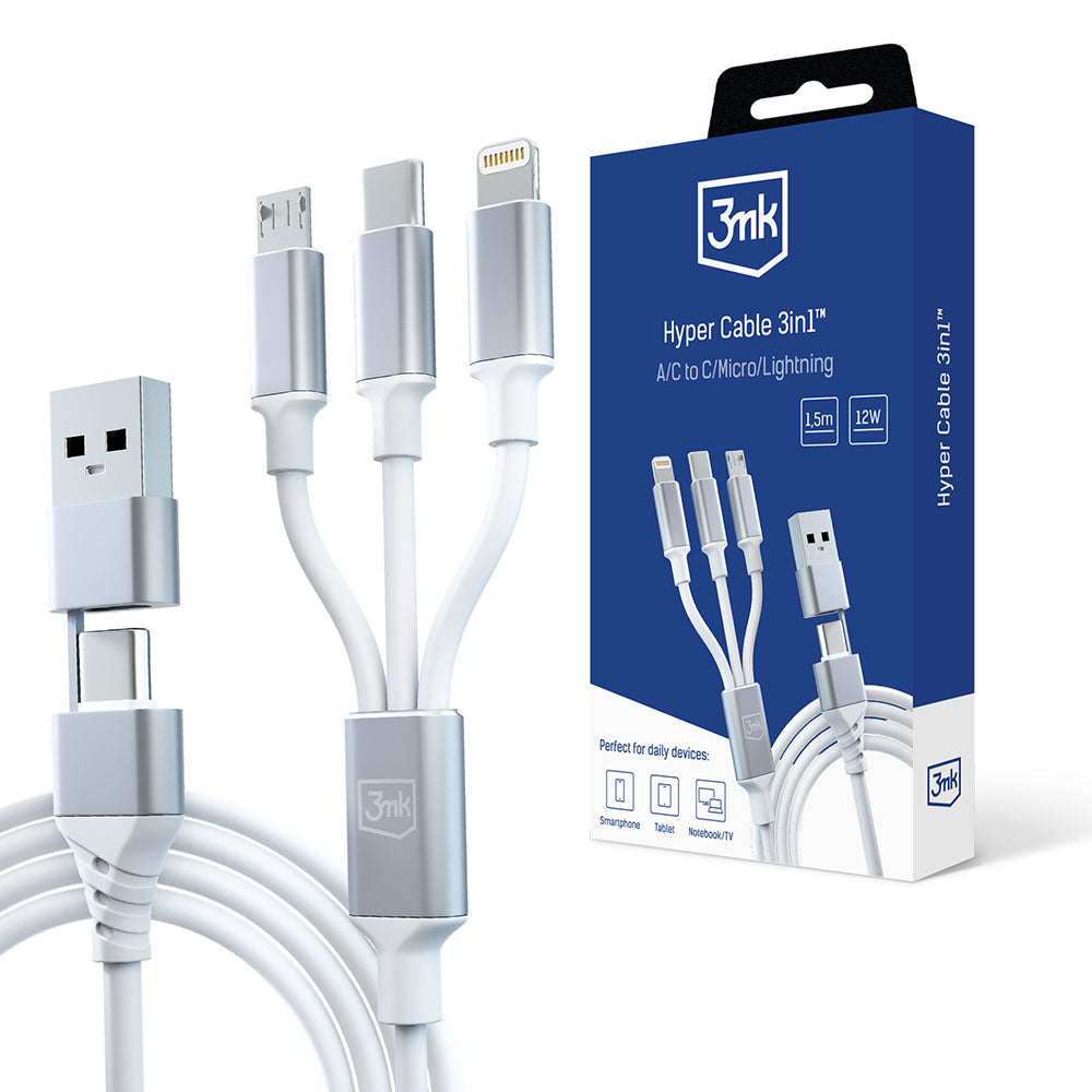 Kabel za punjenje USB-A / USB-C - Lightning / microUSB / USB-C 3MK Hyper 3in1, 12W, 1.5m, Bijeli