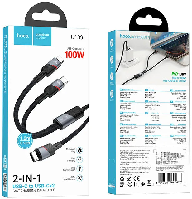 USB-C kabel za podatke i punjenje - 2 x USB-C HOCO U139 2u1, 100W, 1.2m, Crni