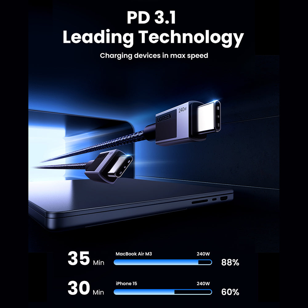 Kabel za prijenos podataka i punjenje USB-C - USB-C UGREEN L513, 240W, 1m, Crni