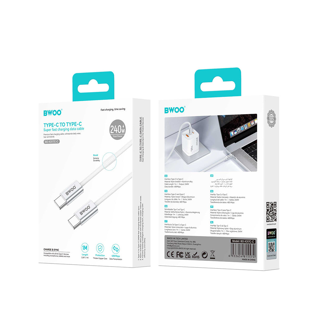 USB-C kabel za punjenje i prijenos podataka BWOO BO-X317C, 240W, 1m, Bijeli