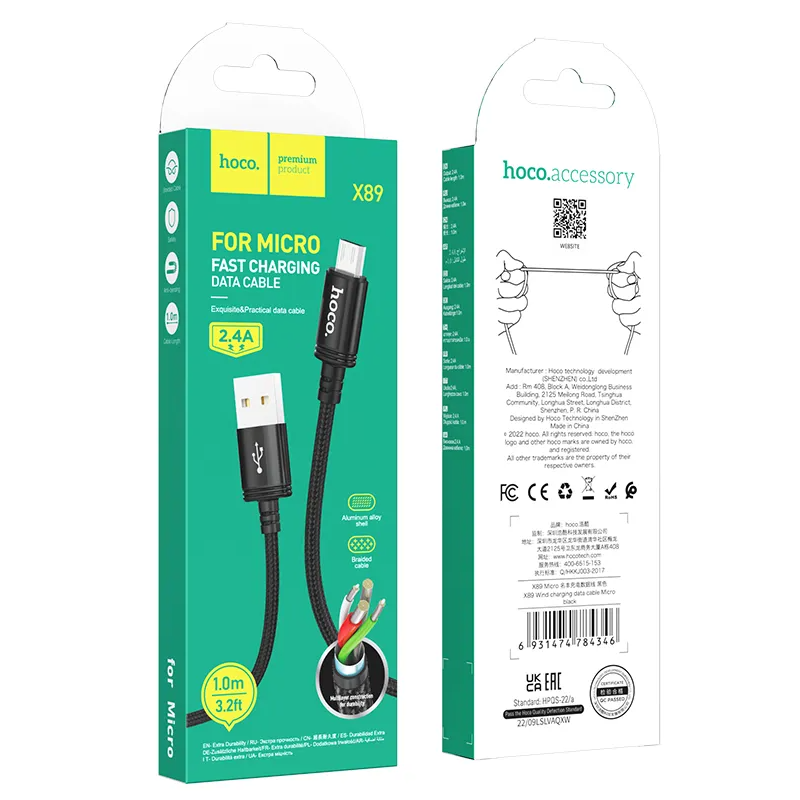 Kabel za podatke i punjenje USB-A - microUSB HOCO X89, 18W, 1m, Crni