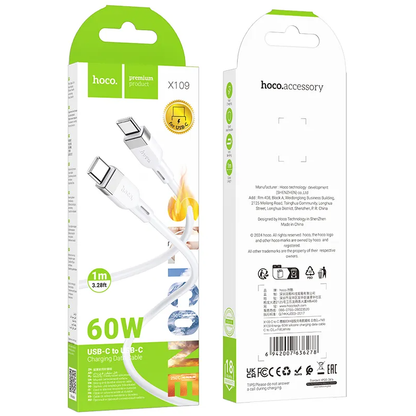Kabel za podatke i punjenje USB-C - USB-C HOCO X109, 60W, 1m, Bijeli