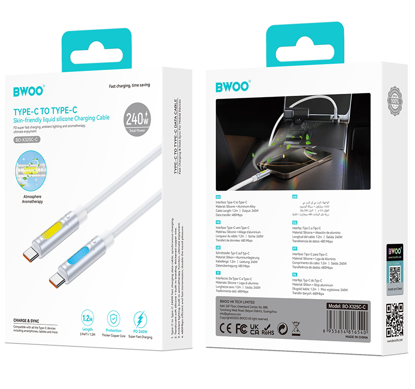 USB-C - USB-C kabel za prijenos podataka i punjenje BWOO X325C-C Led, 240W, 1.2m, Bijeli