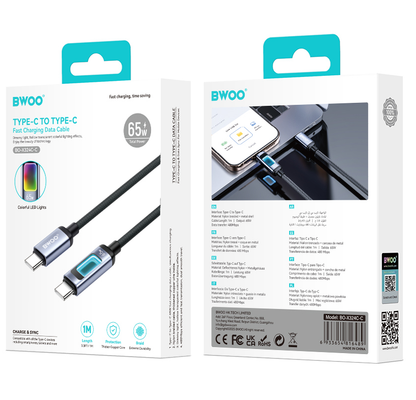 USB-C - USB-C kabel za prijenos podataka i punjenje BWOO X324CC Display, 65W, 1m, Crna