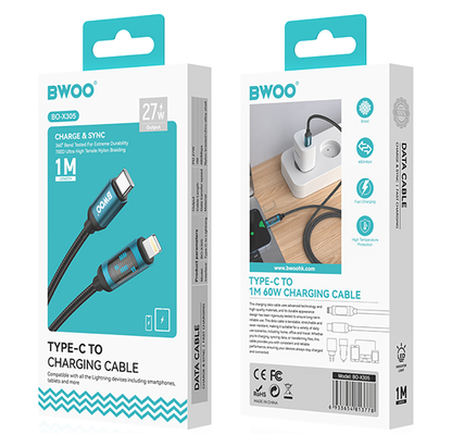 USB-C kabel za prijenos podataka i punjenje - Lightning BWOO X305 Display, 27W, 1m, Crna