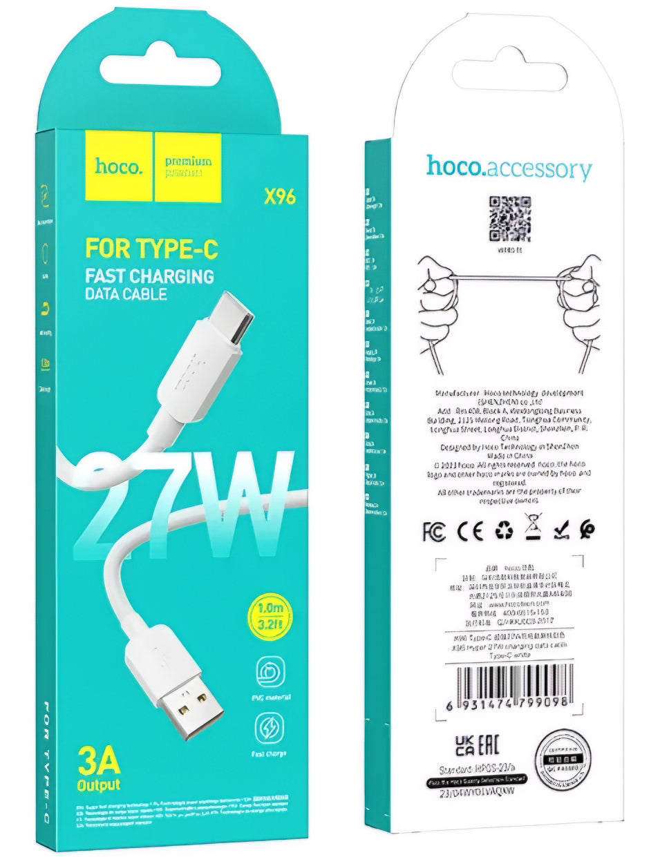 Kabel za prijenos podataka i punjenje USB-A - USB-C HOCO X96, 27W, 1m, Bijeli