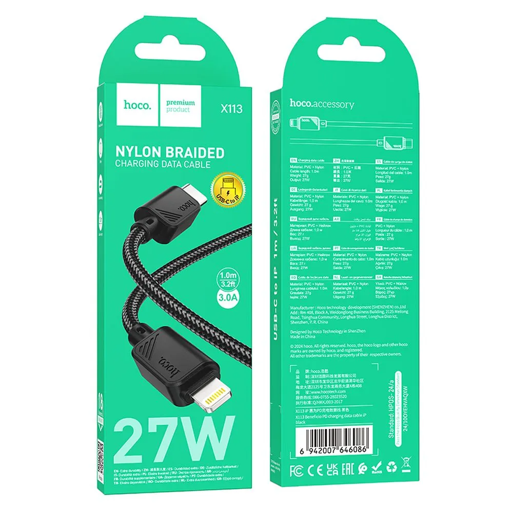 USB-C - Lightning kabel za prijenos podataka i punjenje HOCO X113, 27W, 1m, Crna