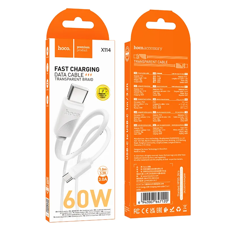 USB-C - USB-C kabel za prijenos podataka i punjenje HOCO X114, 60W, 1m, Bijela