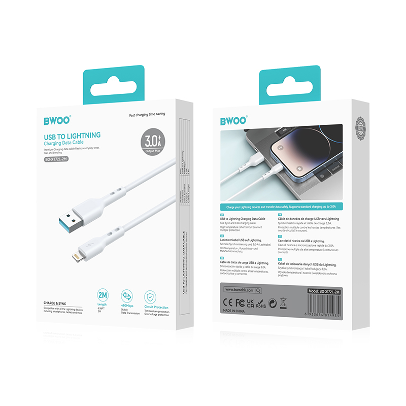 USB-A - Lightning kabel za prijenos podataka i punjenje BWOO BO-X172L-2M, 15W, 2m, Bijela