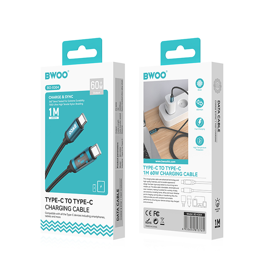 USB-C kabel za prijenos podataka i punjenje - USB-C BWOO BO-X304 Led, 60W, 1m, Crna