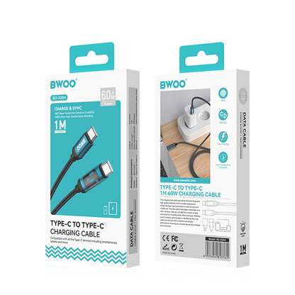 USB-C kabel za prijenos podataka i punjenje - USB-C BWOO BO-X304 Led, 60W, 1m, Crna