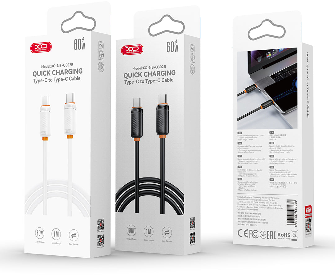 USB-C - USB-C kabel za prijenos podataka i punjenje XO Design NB-Q302B, 60W, 1m, Crna