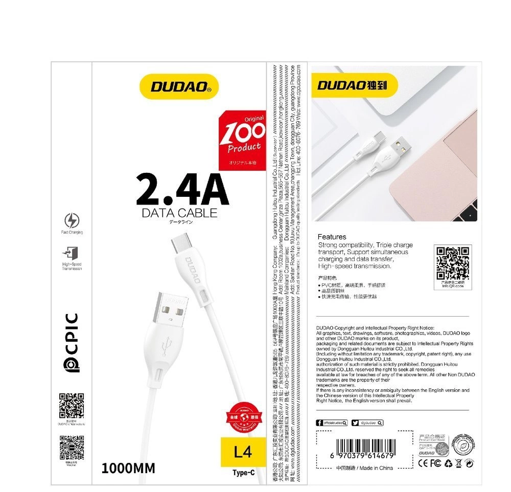 Kabel za prijenos podataka i punjenje USB-A - Lightning Dudao L4L, 18W, 1m, Bijeli