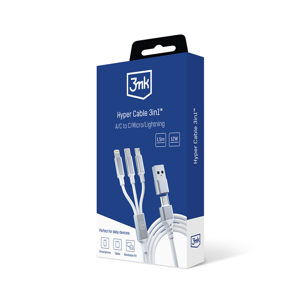 Kabel za punjenje USB-A / USB-C - Lightning / microUSB / USB-C 3MK Hyper 3in1, 12W, 1.5m, Bijeli