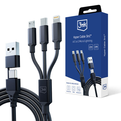 Kabel za punjenje USB-A / USB-C - Lightning / microUSB / USB-C 3MK Hyper 3in1, 12W, 1.5m, Crni