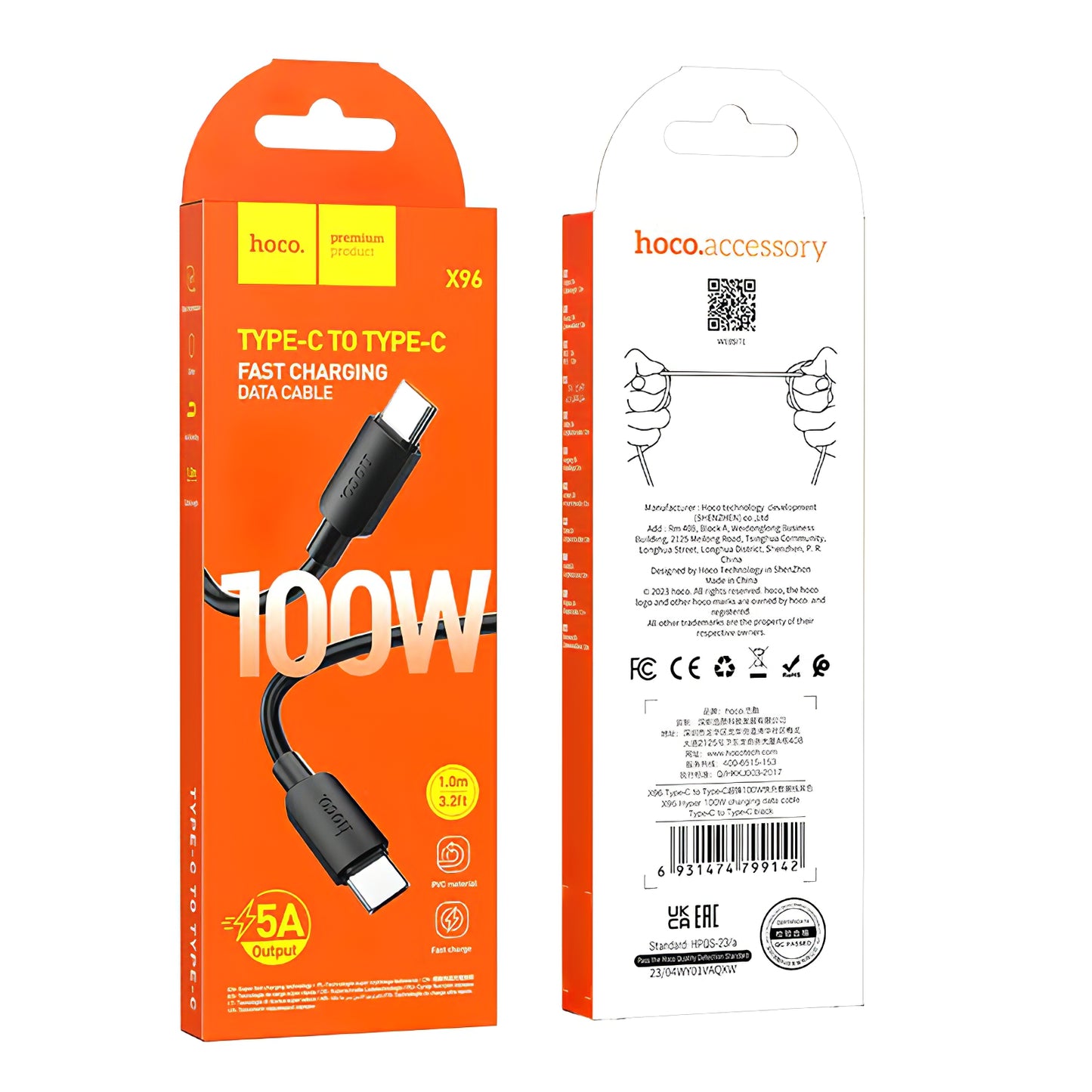 Kabel za podatke i punjenje USB-C - USB-C HOCO X96, 100W, 1m, Crni