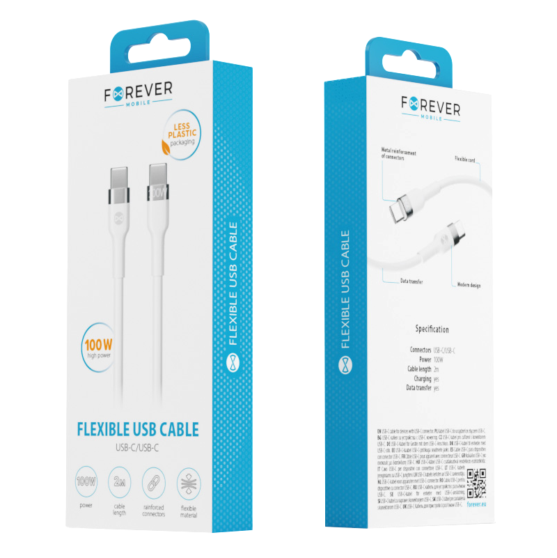 Kabel za podatke i punjenje USB-C - USB-C Forever Flexible, 100W, 2m, Bijeli