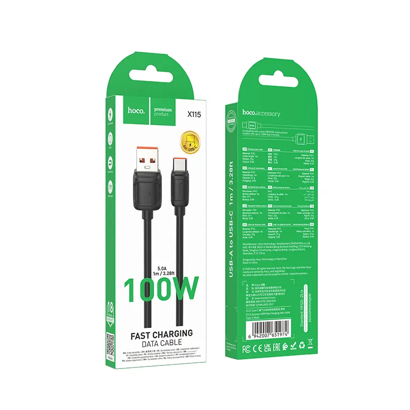 Kabel za prijenos podataka i punjenje USB-A - USB-C HOCO X115, 100W, 1m, Crni