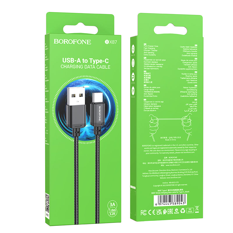 Kabel za Prijenos Podataka i Punjenje USB-A - USB-C Borofone BX87 Sharp, 60W, 1m, Crni