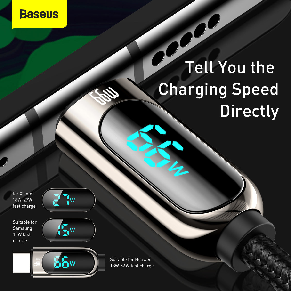 Kabel za Prijenos Podataka i Punjenje USB-A - USB-C Baseus Display, 66W, 2m, Crni CASX020101