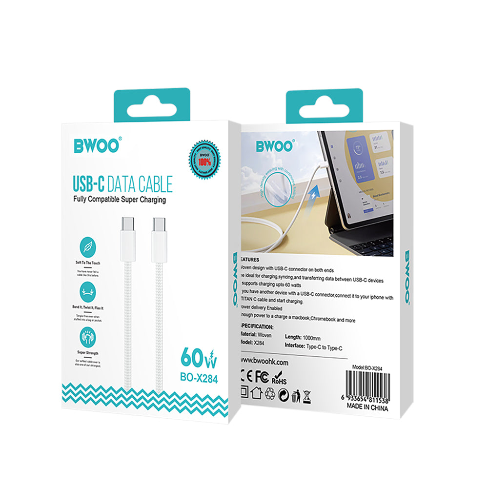 Kabel za podatke i punjenje USB-C - USB-C BWOO BO-X284, 60W, 1m, Bijeli