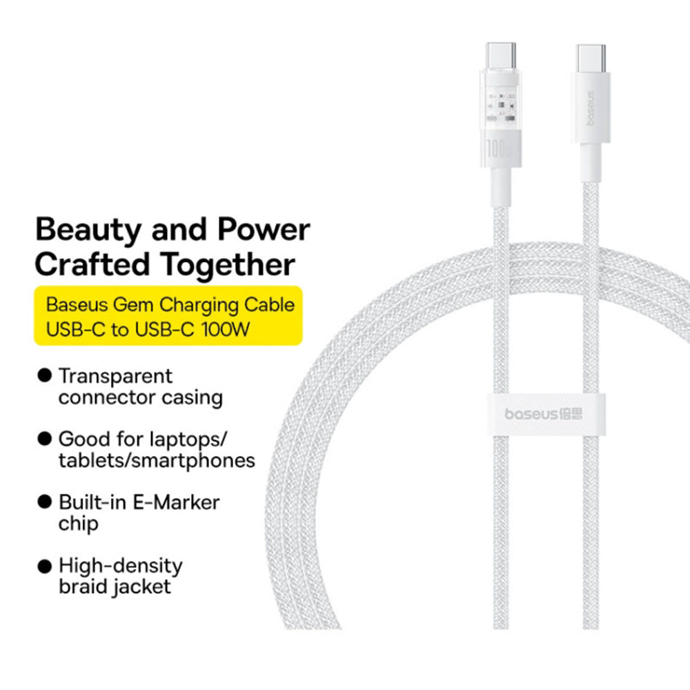 Kabel za prijenos podataka i punjenje USB-C - USB-C Baseus Gem, 100W, 2m, Bijeli P10373000211-01
