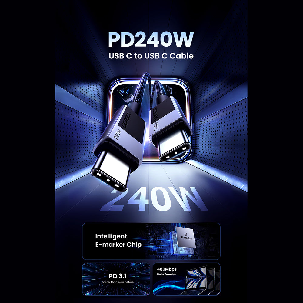 Kabel za prijenos podataka i punjenje USB-C - USB-C UGREEN L513, 240W, 2m, Crni