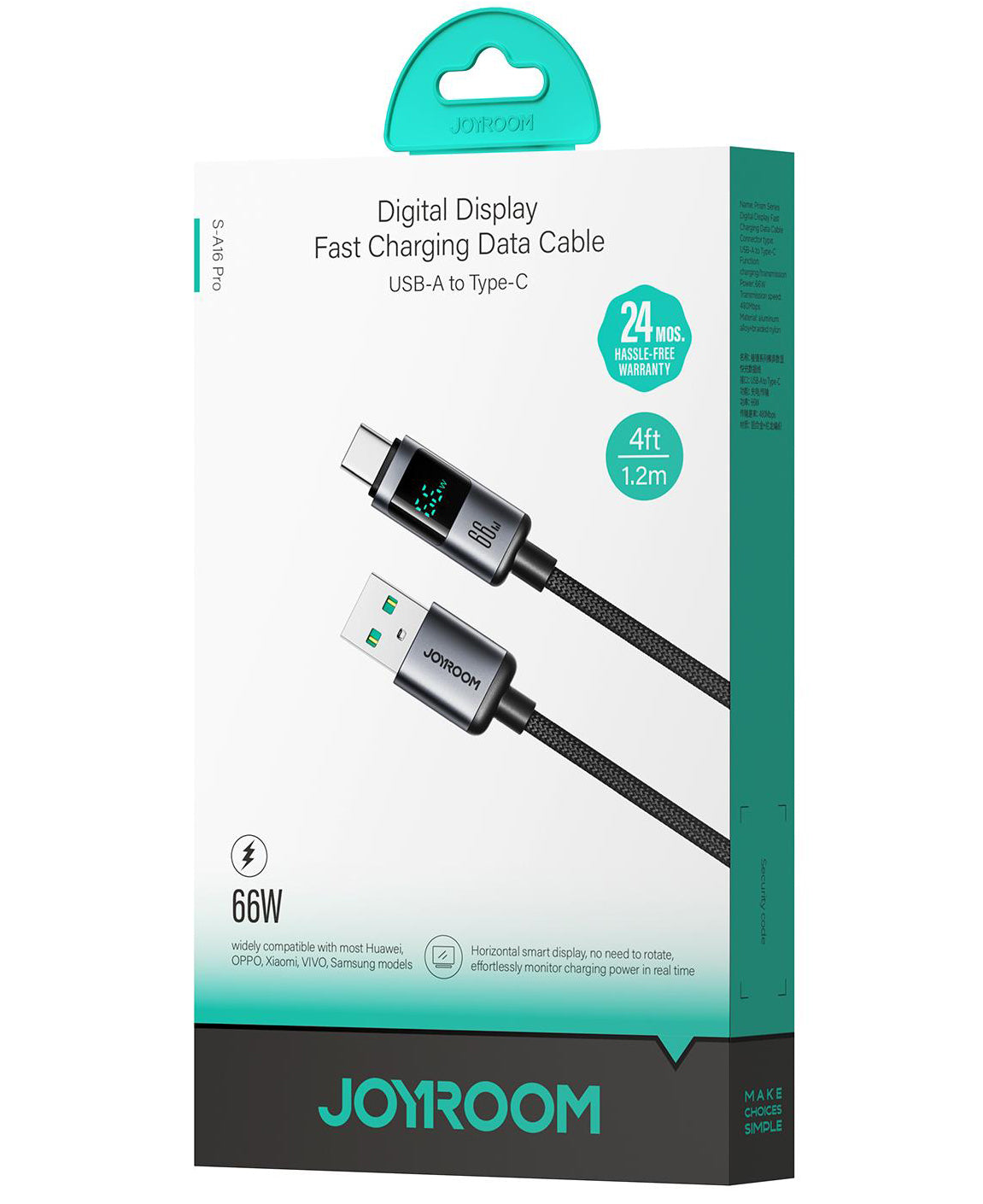 Kabel za podatke i punjenje USB-A - USB-C Joyroom S-A16 Pro Prism Display, 66W, 1.2m, Crni