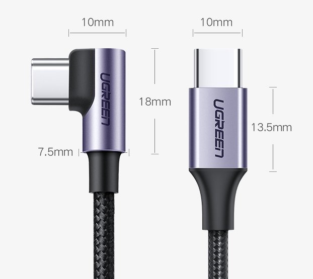 Kabel za Prijenos Podataka i Punjenje USB-C - USB-C UGREEN US255 Angled, 60W, 1m, Sivi
