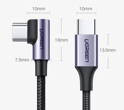 Kabel za Prijenos Podataka i Punjenje USB-C - USB-C UGREEN US255 Angled, 60W, 1m, Sivi