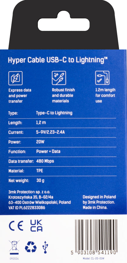 Kabel za Prijenos Podataka i Punjenje USB-C - Lightning 3MK Hyper, 20W, 1.2m, Bijeli