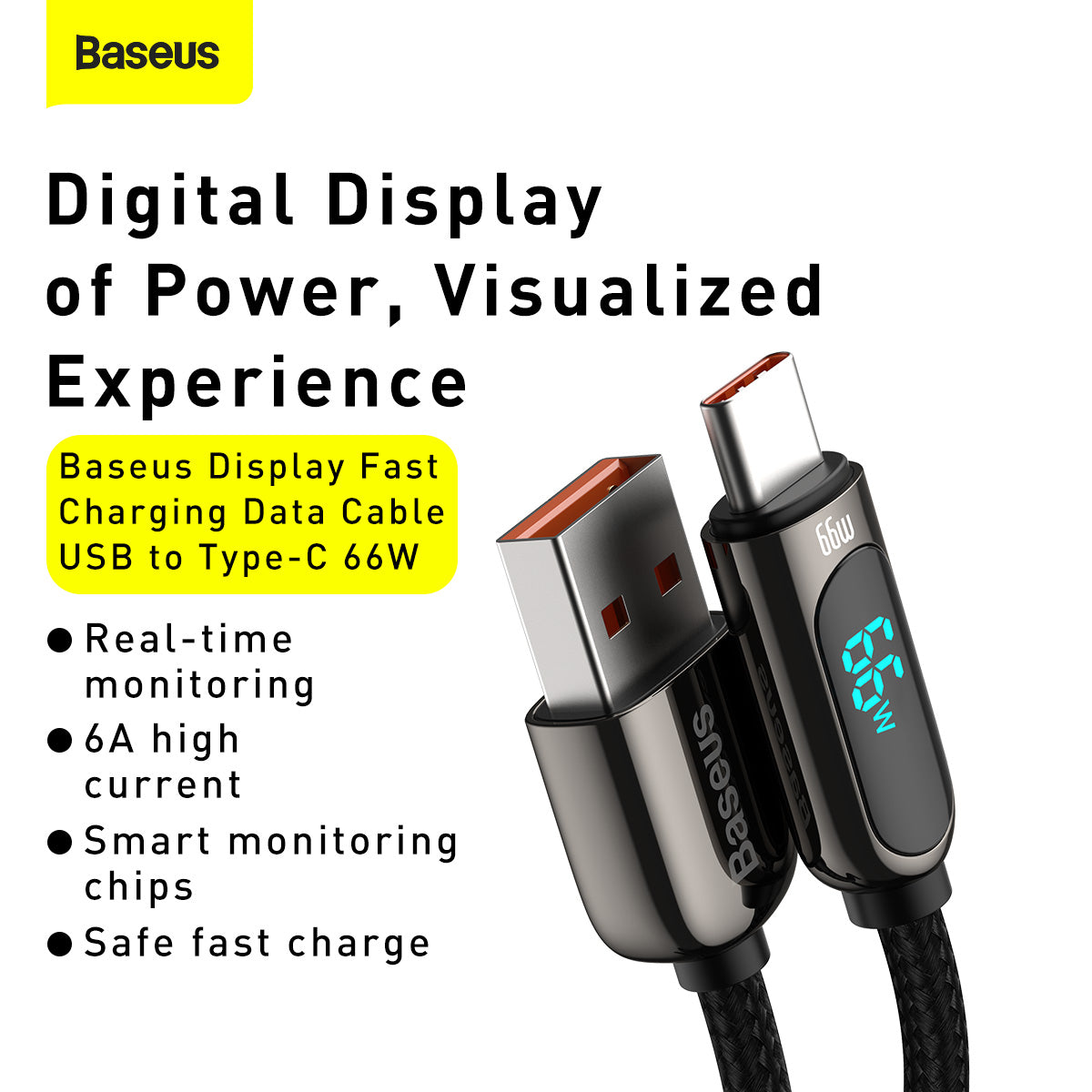 Kabel za Prijenos Podataka i Punjenje USB-A - USB-C Baseus Display, 66W, 2m, Crni CASX020101