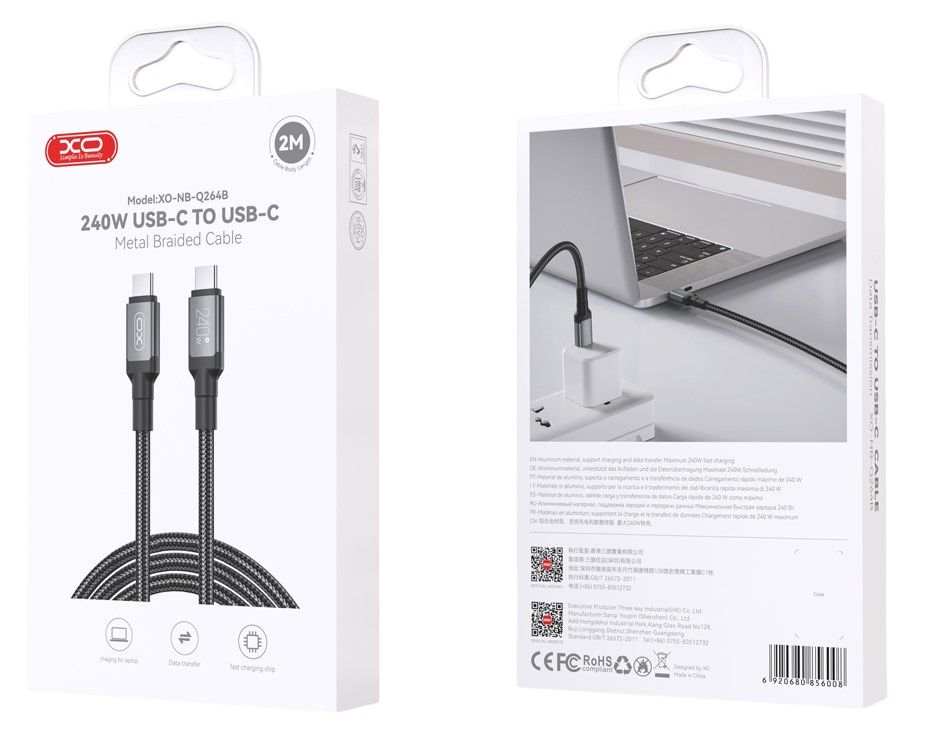Kabel za podatke i punjenje USB-C - USB-C XO Design NB-Q264B, 240W, 2m, Crni