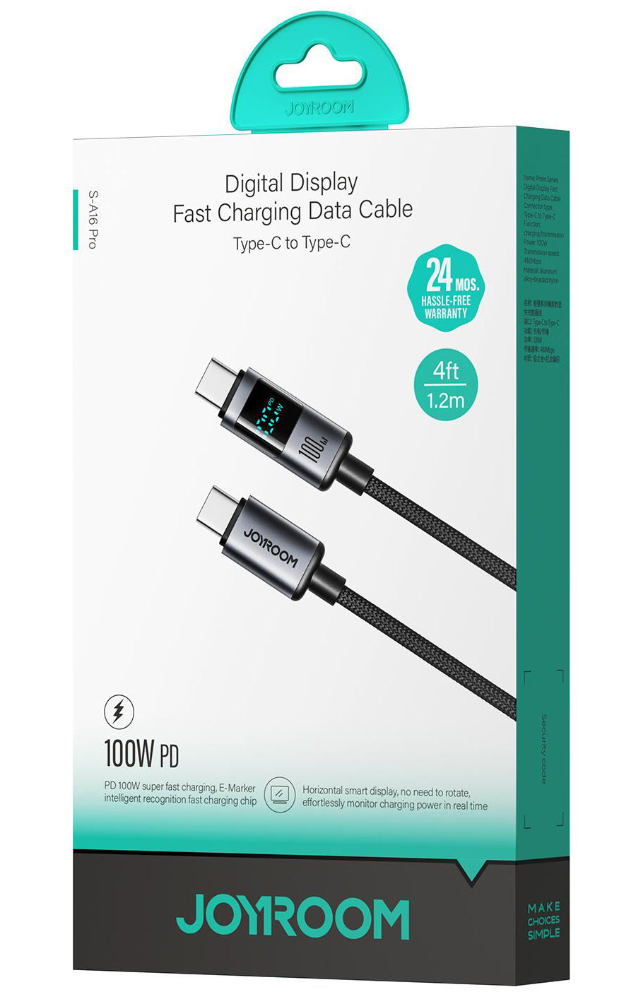 Kabel za podatke i punjenje USB-C - USB-C Joyroom S-A16 Pro Prism Display, 100W, 1.2m, Crni
