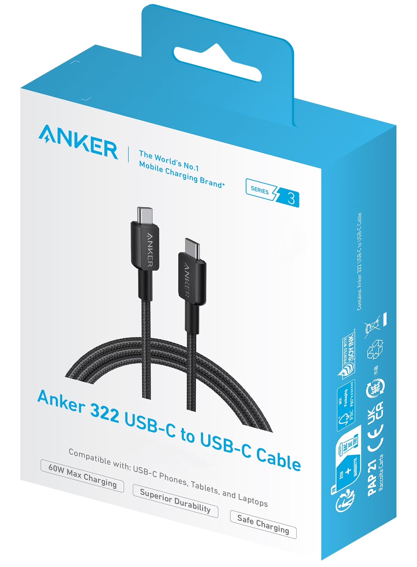 Kabel za prijenos podataka i punjenje USB-C - USB-C Anker 322, 60W, 0.9m, Crni A81F5G11