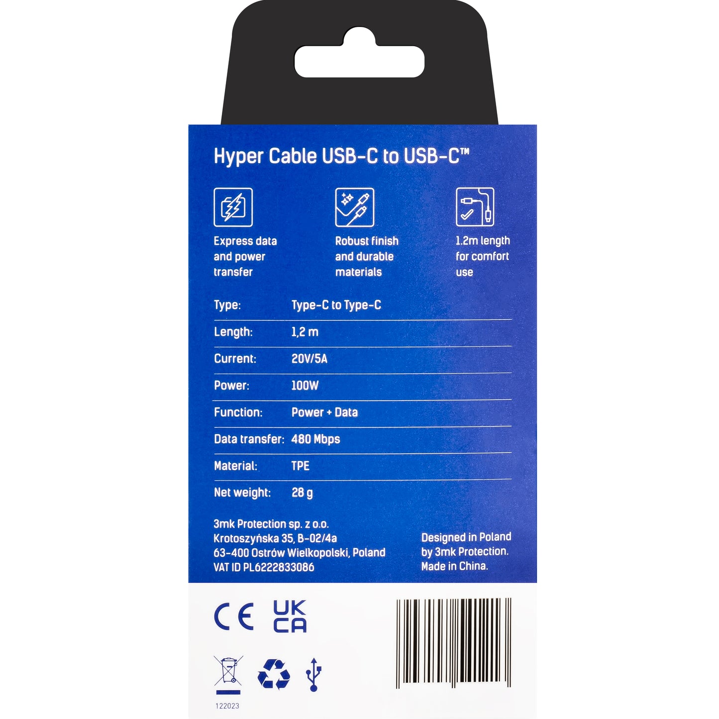 Kabel za podatke i punjenje USB-C - USB-C 3MK Hyper, 100W, 1.2m, Crni