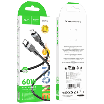 USB-C - USB-C kabel za prijenos podataka i punjenje HOCO X109, 60W, 3m, Crna